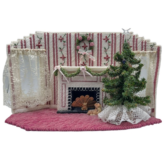 Vtg Handmade Living Room Dog Fireplace Christmas Tree Miniature Dollhouse 1:12